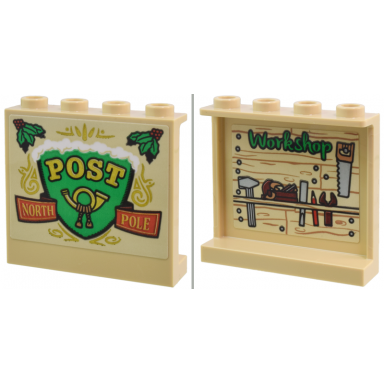 tan panel 1 x 4 x 3 with side supports - hollow studs with gold mail horn post and north pole on outside and bright green workshop and tools on inside pattern model left side stickers - set 40746