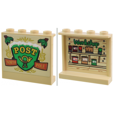 tan panel 1 x 4 x 3 with side supports - hollow studs with gold mail horn post and north pole on outside and bright green workshop paint and brushes on inside pattern model right side stickers - set 40746
