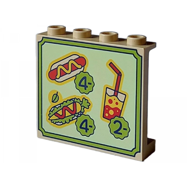 tan panel 1 x 4 x 3 with side supports - hollow studs with menu hot dog with mustard vegan hot dog with ketchup yellow and red juice in cup with straw prices 2- and 4- pattern