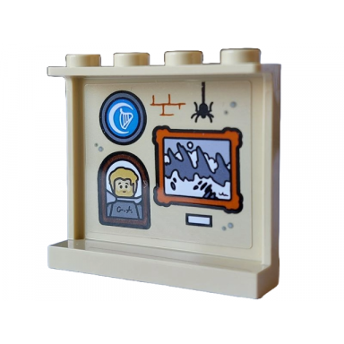 tan panel 1 x 4 x 3 with side supports - hollow studs with paintings of harp in crescent moon heroic minifigure and mountain scene black spider and dark orange brick wall outline pattern sticker - set 21348