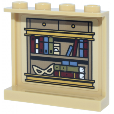 tan panel 1 x 4 x 3 with side supports - hollow studs with dark tan and gold shelf with drawers white mask and dark red olive green and sand blue books pattern sticker - set 10351