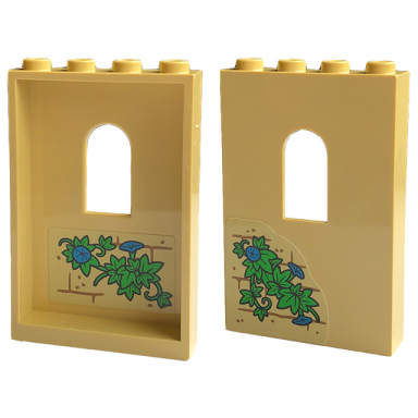tan panel 1 x 4 x 5 wall with window with bricks bright green plant leaves and dark azure flowers pattern on both sides stickers - set 43220