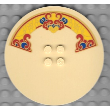 tan tile round 8 x 8 with 4 studs in center with blue red and yellow swirls with gold outline pattern sticker - set 80111