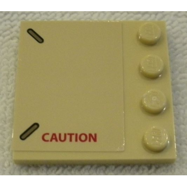 tan tile modified 4 x 4 with studs on edge with red caution pattern model left side sticker - set 75974