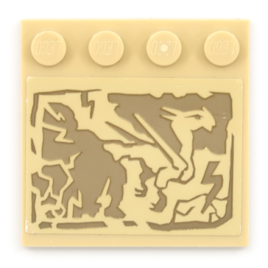 tan tile modified 4 x 4 with studs on edge with dark tan cracked rock dragon pattern sticker - set 70655