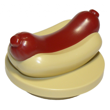tan duplo hot dog with dark red sausage pattern