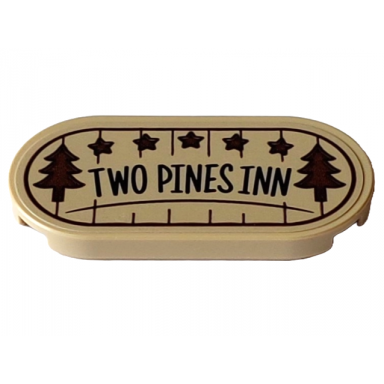 tan tile round 2 x 4 oval with sign with dark brown border stars trees and lines and black two pines inn pattern sticker - set 10325