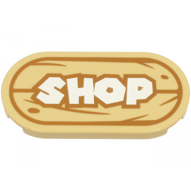 tan tile round 2 x 4 oval with white shop sign with medium nougat wood grain pattern