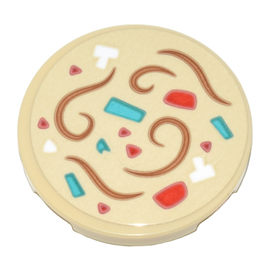 tan tile round 3 x 3 with hot pot soup with medium nougat noodles white red and dark turquoise ingredients pattern sticker - set 80036