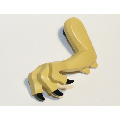 tan dinosaur leg small front with 2 elbow spikes with molded black pin and printed claws pattern - left