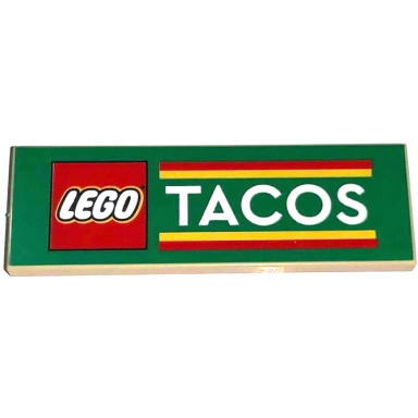 tan tile 2 x 6 with lego logo white tacos and red and yellow stripes pattern