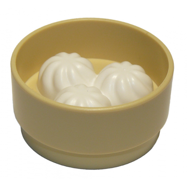 tan duplo bamboo steamer with molded white baozi dumplings pattern