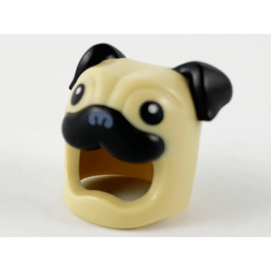 tan minifigure headgear head cover costume pug dog with black ears eyes and muzzle pattern