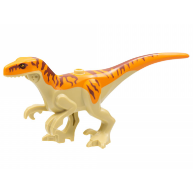 tan dinosaur body atrociraptor with orange back reddish brown stripes bright light orange eyes pattern