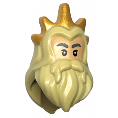 tan minifigure hair long with center part and beard with gold crown medium tan face dark bluish gray bushy eyebrows pattern