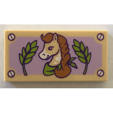 tan tile 2 x 4 with horse with braided mane green leaves and lavender background pattern