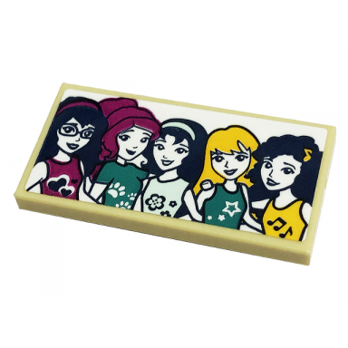 tan tile 2 x 4 with 5 friends minifigures posing pattern sticker - set 41449