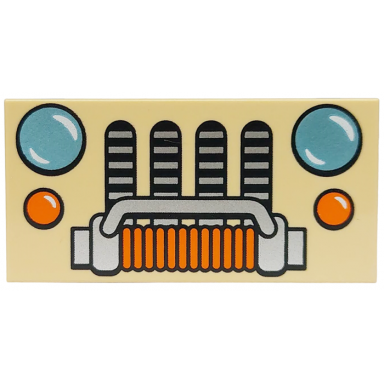 tan tile 2 x 4 with metallic light blue headlights orange blinkers and rope silver grille and bumper pattern
