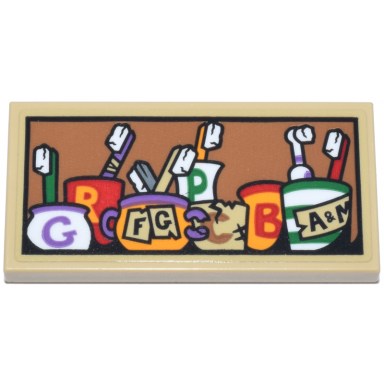 tan tile 2 x 4 with green medium lavender silver bright light orange red tan and white toothbrushes in jars and letter g r p c b f g and a m pattern sticker - set 76437