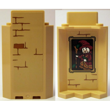 tan panel 3 x 3 x 6 corner wall without bottom indentations with bricks type 1 outside and portrait of wizard type 1 inside pattern stickers - set 75953