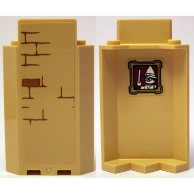 tan panel 3 x 3 x 6 corner wall without bottom indentations with bricks type 1 outside and portrait of wizard type 2 inside pattern stickers - set 75953