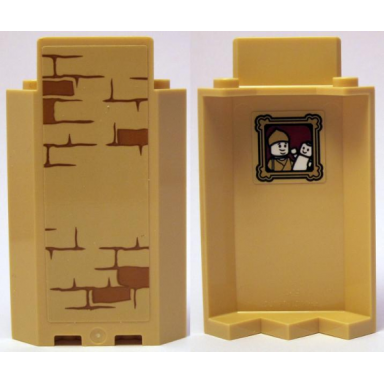 tan panel 3 x 3 x 6 corner wall without bottom indentations with bricks type 2 outside and portrait of puppet player inside pattern stickers - set 75953