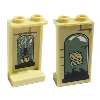 tan panel 1 x 2 x 3 with side supports - hollow studs with bricks and jar with label on outside and jar with label and spider on inside pattern sticker - set 76397