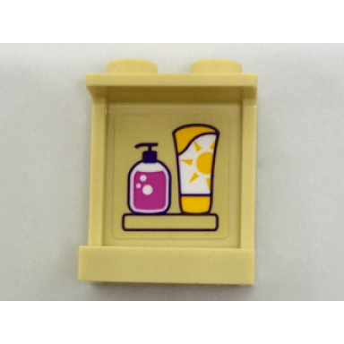 tan panel 1 x 2 x 2 with side supports - hollow studs with dark pink liquid soap and sunscreen bottle on inside pattern sticker - set 41313