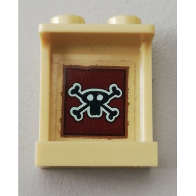 tan panel 1 x 2 x 2 with side supports - hollow studs with black skull and crossbones on reddish brown background pattern sticker - set 75551