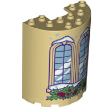 tan cylinder half 3 x 6 x 6 with 1 x 2 cutout with curved lattice windows and holly leaves pattern