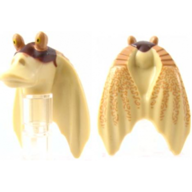tan minifigure head modified sw gungan flat eyes with nougat top and dark brown mask pattern