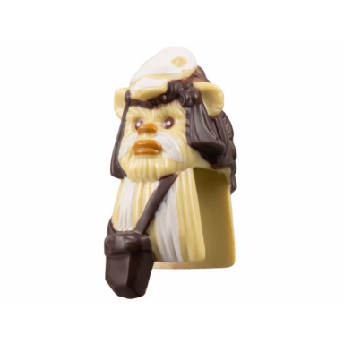 tan minifigure head modified sw ewok with white skull hat and dark brown pouch pattern