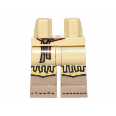 tan hips and legs with molded dark tan lower legs boots and printed yellow fringe skirt and dark orange tied belt pattern