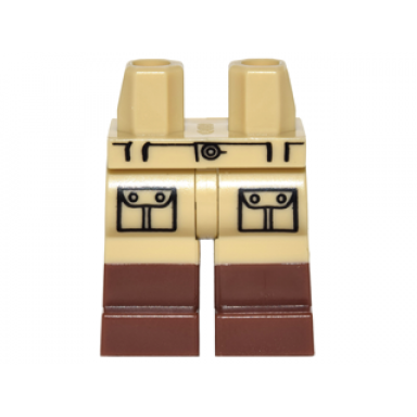 tan hips and legs with molded reddish brown lower legs boots and printed black belt loops button and pockets pattern