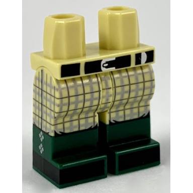 tan hips and legs with molded dark green lower legs boots and printed black belt and shoes silver buckle and light bluish gray tartan plaid pants pattern
