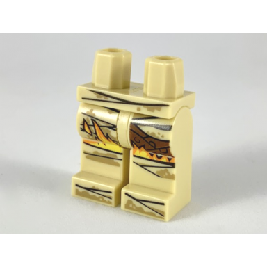 tan hips and legs with mummy wrappings dark tan dirt yellow and orange flames pattern