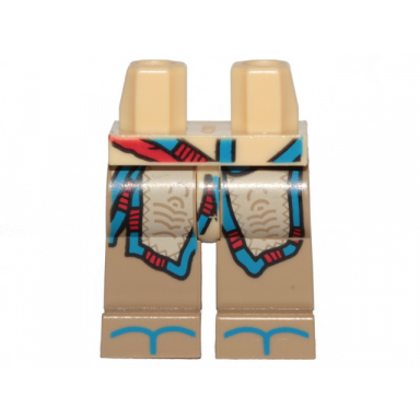 tan hips and dark tan legs with tan nora robe blue and red trim pattern
