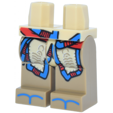 tan hips and dark tan legs with tan skirt with trim blue sandals red sash on hips and legs pattern