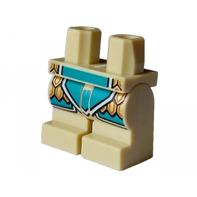 tan hips and medium legs with dark turquoise robe ends black and white trim and gold and dark orange kilt pattern