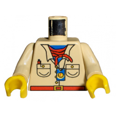 tan torso shirt with buttons and pockets over blue undershirt red belt with yellow buckle neckerchief pen compass pattern tan arms yellow hands