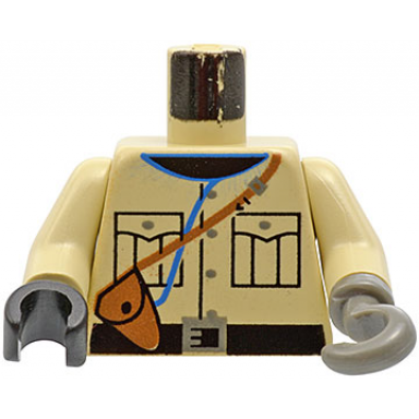 tan torso shirt with pockets dark gray buttons and black collar belt with buckle brown strap with pouch blue cord pattern tan arms black hand right dark gray hook left