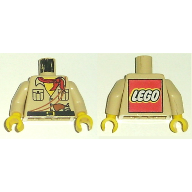 tan torso adventurers desert safari shirt yellow neck red bandana gun - lego logo on back pattern tan arms yellow hands