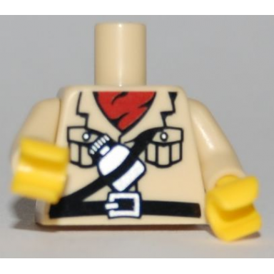 tan torso safari shirt with red scarf belt and water bottle pattern tan arms yellow hands