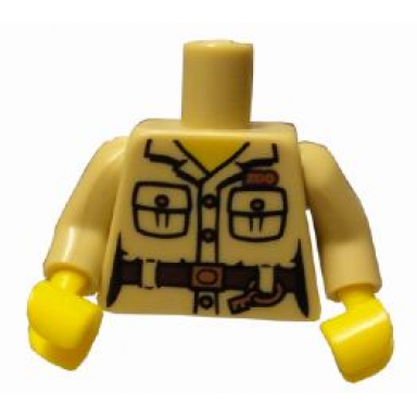 tan torso safari shirt with pockets belt key ring and zoo pattern tan arms yellow hands