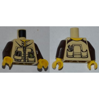 tan torso dino jacket with strap collar zipper phone and gps pattern dark brown arms yellow hands