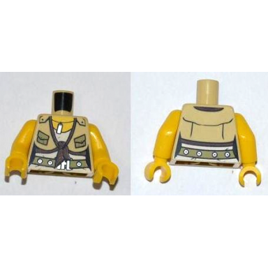tan torso dino shirt with knot and pockets belt and id tag pattern yellow arms yellow hands