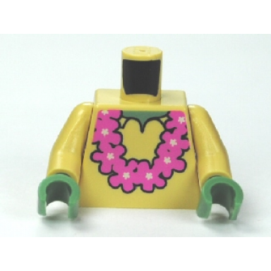 tan torso spongebob with sand green neck shirt collar and pink lei pattern tan arms sand green hands