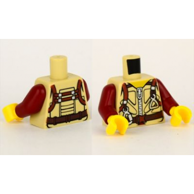 tan torso dino ballistic vest with harness and carabiner pattern dark red arms yellow hands
