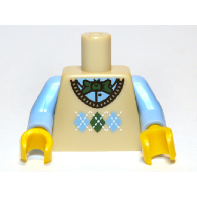 tan torso knit argyle sweater vest with green bow tie pattern bright light blue arms yellow hands