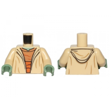 tan torso sw open robe medium nougat shirt with dark orange waist sash sand green neck and hood on back pattern yoda tan arms sand green hands